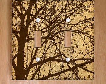Ljubljana Weeping Vinyl Double Light Switch Cover, Wallplate, Home Decor, Brown, Nature, Branches, Forest, Silhouette, Tree, Woods, Tan