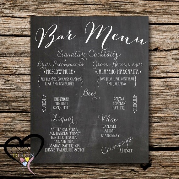 Items similar to Chalkboard Bar Menu, Personlaized Wedding, Bar Sign ...