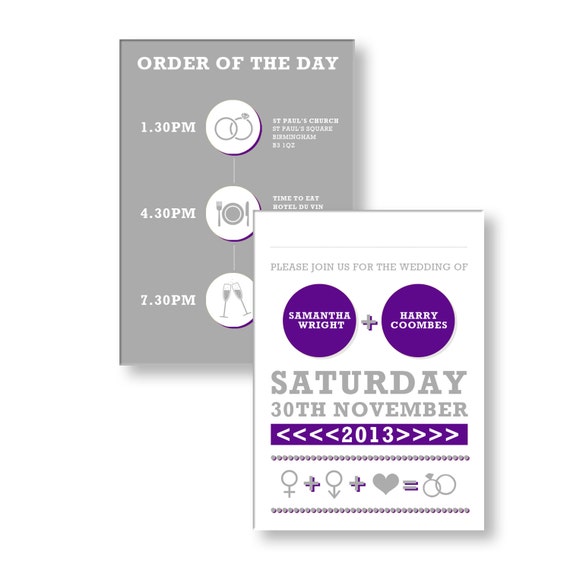 Vintage Personalized Custom Wedding Day or Evening Invitations Purple and Gray Timeline Theme Digital File DIY