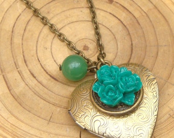 Antique Brass Flower Jade Locket Necklace Victorian Jewelry Gift Vintage Style