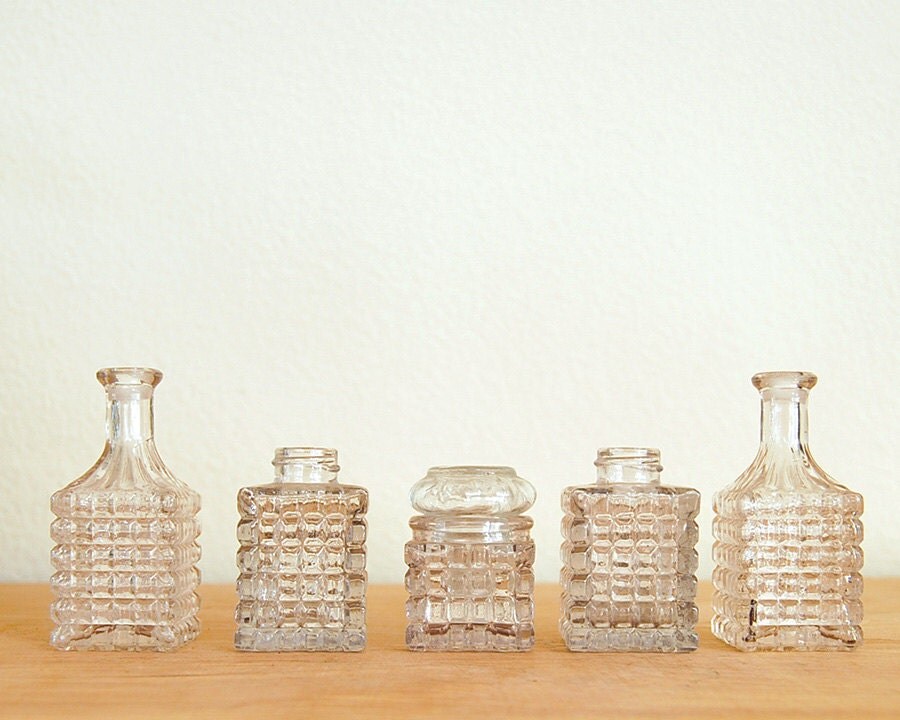 Vintage Glass Condiment Bottles Crystal Cruets set Pretty