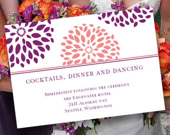 Wedding Reception Invitations | Printable Template "Floral Petals" Coral & Purple | Word.