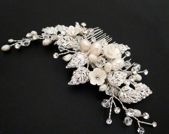 Wedding headpiece, Bridal hair comb, Rhinestone flower hair comb, Wedding hair comb, Freshwater pearl, Wedding hair accessory, Hair vine