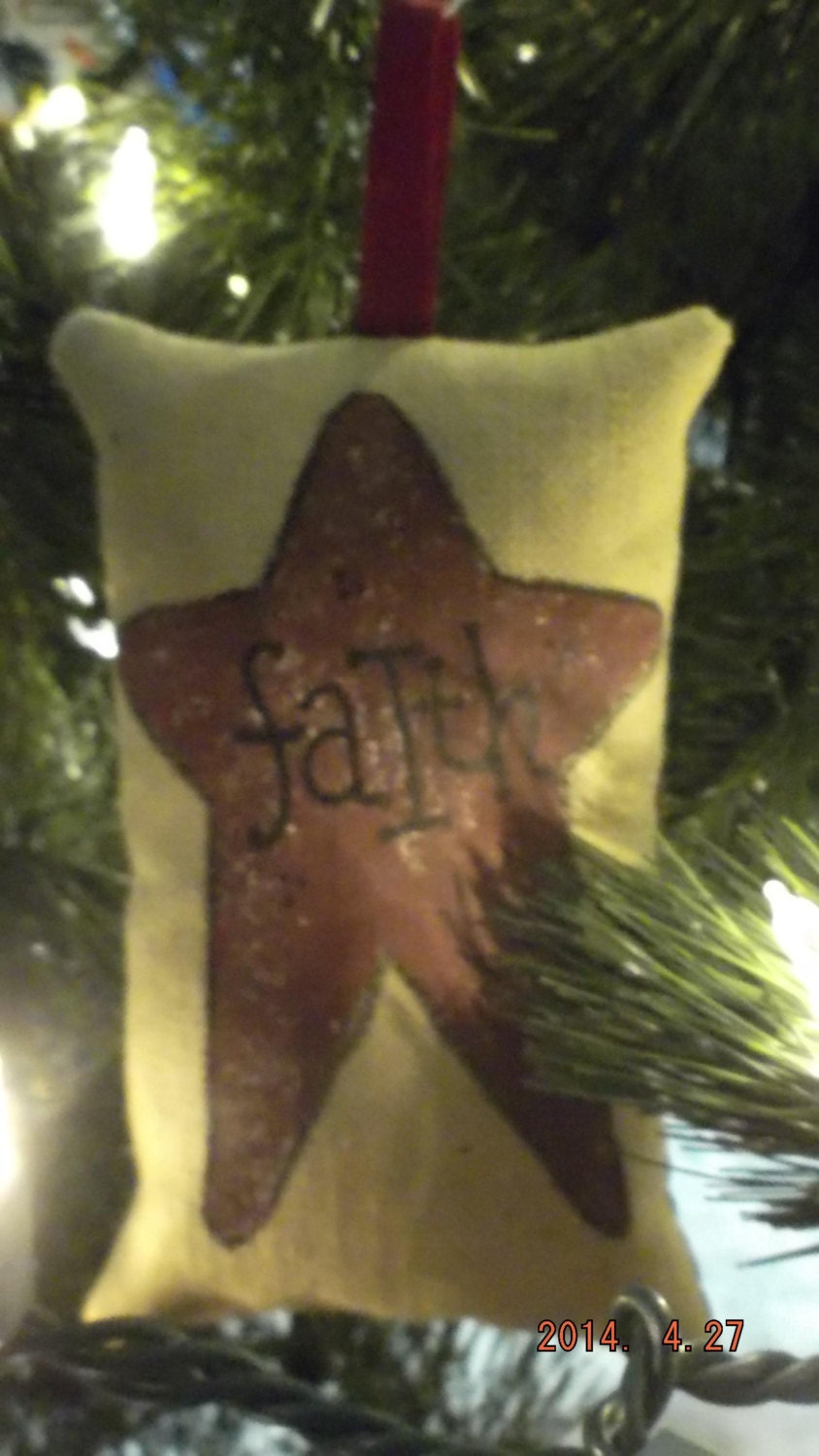 Primitive Burgundy Star "Faith" Stenciled Pillow Christmas Tree Ornament FREE SHIPPING!