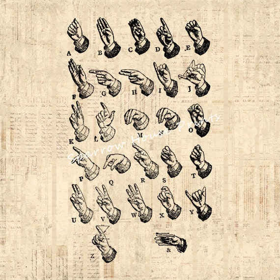 Antique Sign Language Alphabet Artwork Print Vintage Wall Art with