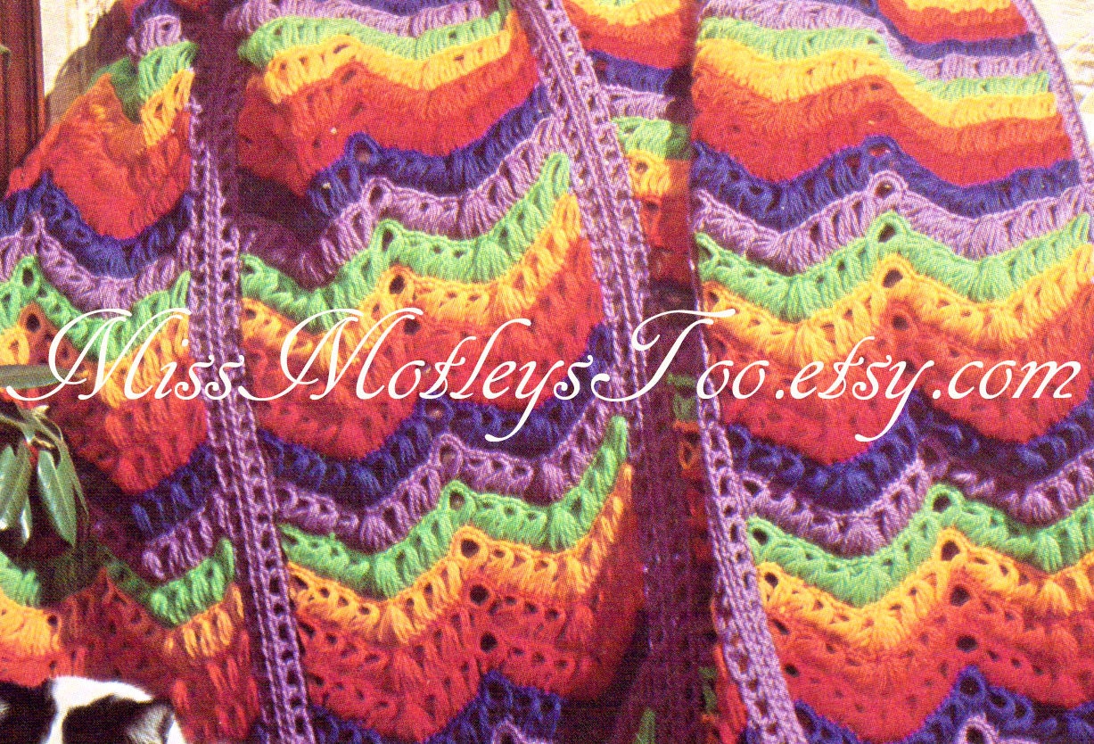 Broomstick lace crochet pattern chevron rainbow afghan blanket