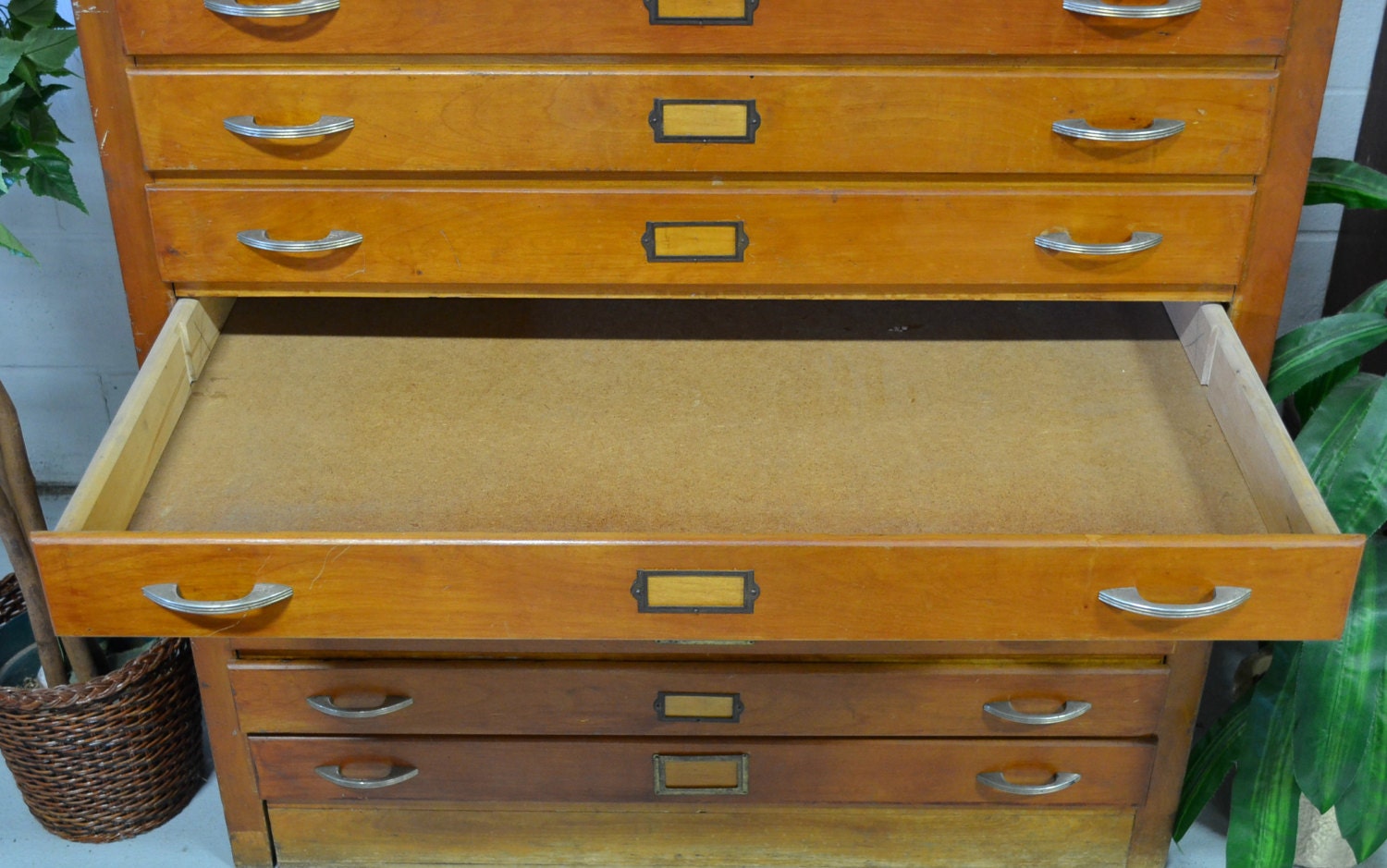 Vintage Industrial Oak Blueprint Storage Wood Art Flat