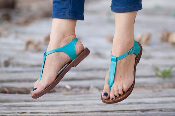 Turquoise Leather Sandals Turquoise Sandals Summer Shoes