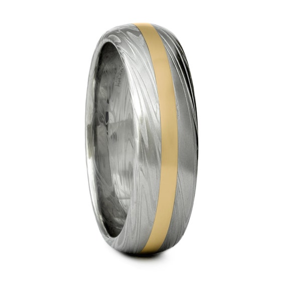 Mens Damascus Wedding Band With 14K Yellow Gold Inlay Half   Il 570xN.607109758 Swje 