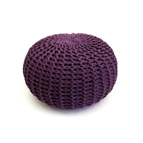 Large soft purple handmade knitted pouf