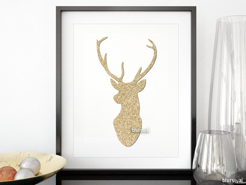 Gold deer silhouette wall art gold glitter deer head golden