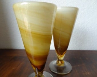 Pair of Hand Blown Amber Swirl Pilsner Glasses Brown and White Cocktail Drinking Glasses Water Goblets (G374)