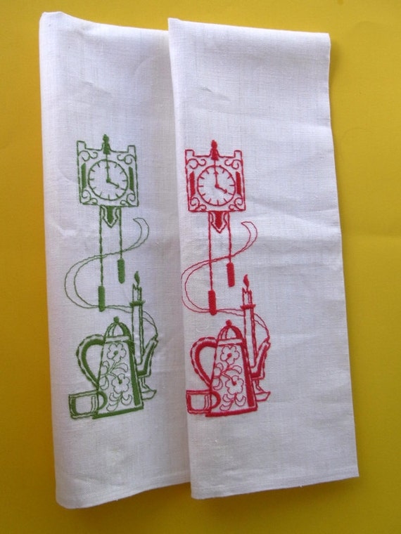 Items similar to Two Embroidered Vintage Linen Dish Towels/Kitchen