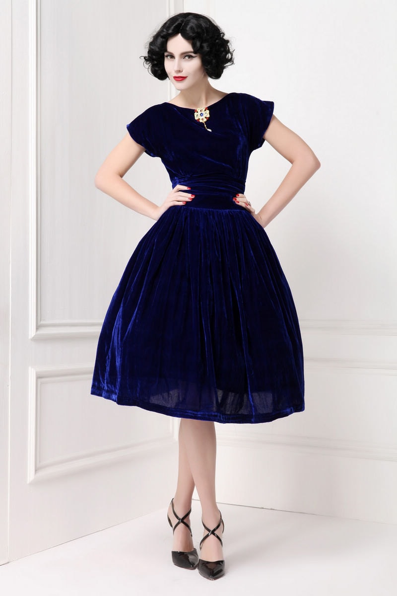 Vintage Inspired Sapphire Blue Velvet Dress with by MyFairLady1950