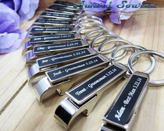 10, Wedding Favor for Men - Groomsmen Gift - Personalized BLACK Bottle Opener Keychain ENGRAVED FREE