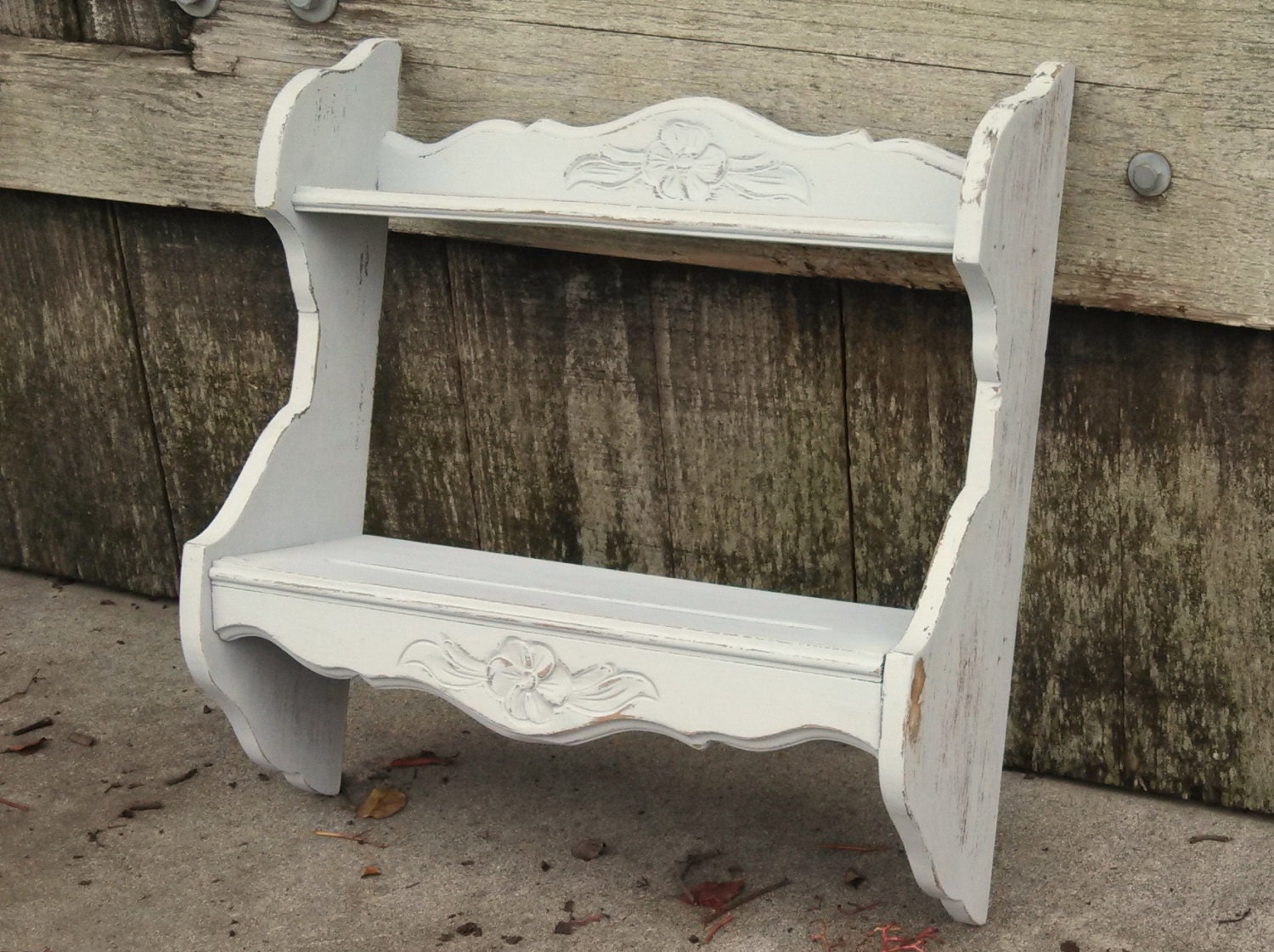 Rustic Shabby Chic Grey Flower Hanging Shelf Beach Cottage