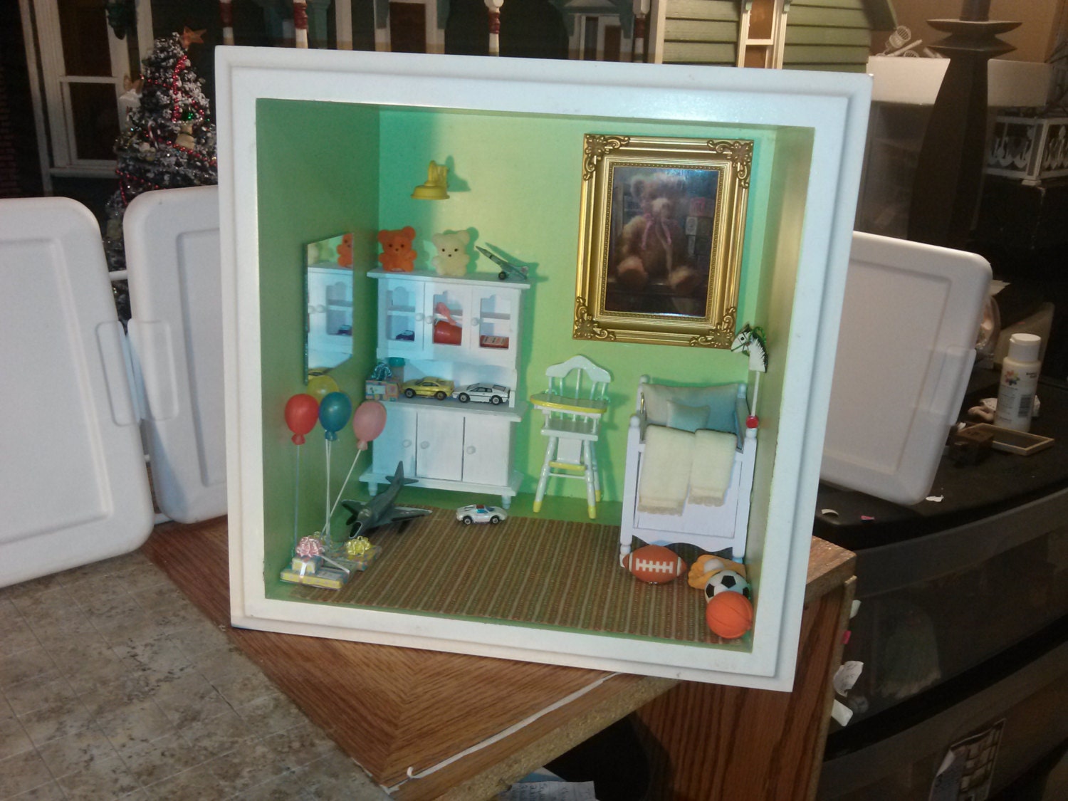 Great Quality dollhouse room Nursery shadow box green