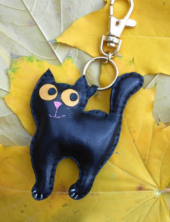 Cat Keychain Leather Black cat Accessories for bag by SlavaStudio