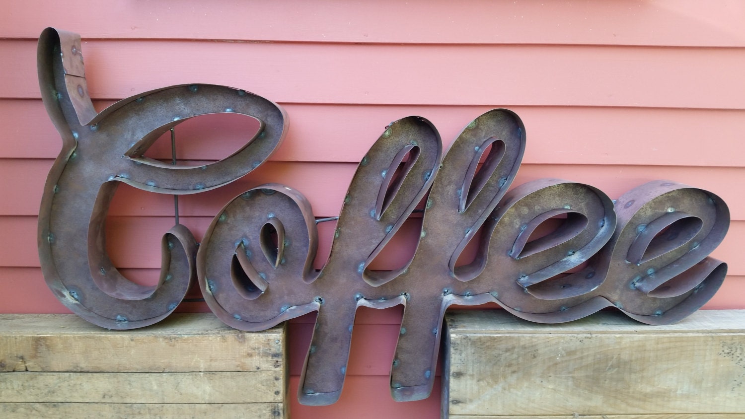 COFFEE sign made from recycled tin metal rustic by RustyWriting