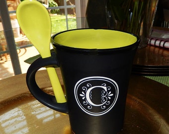 Monogrammed Black Matte Colorful Spoon Mug, Custom Mug, Coffee Mug, Tea Mug, Personalized Coffee Cup, Cup, Spoon, Monogrammed Mug