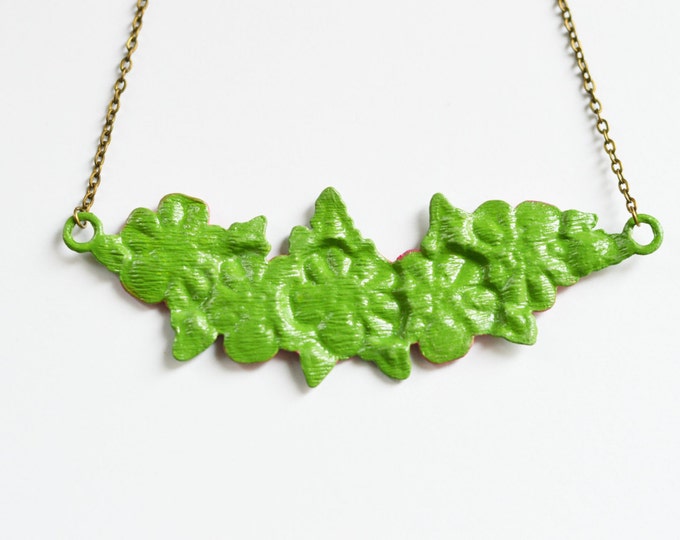 SALE! Necklace made of metal brass covered ECO paint, Flowers garden, pink and green