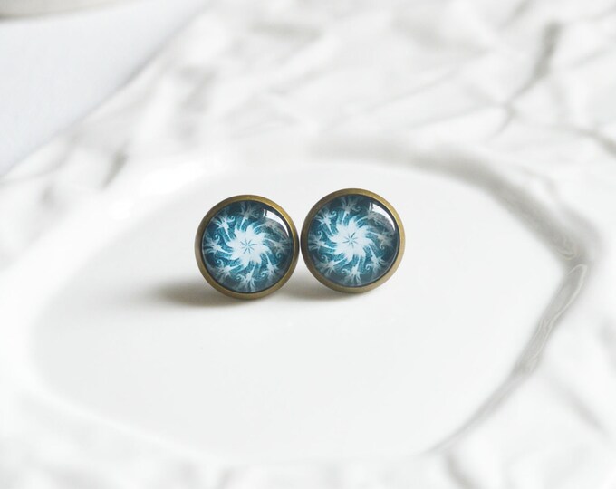 ABSTRACTION Stud Earrings metal brass depicting fashionable art, Vintage, Glamour, Style, Blue and Grey, Art,Galaxy