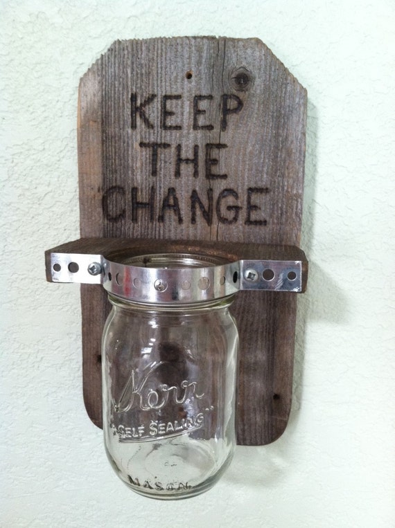 Laundry Mason Jar Coin Holder Aged Reclaimed Wood