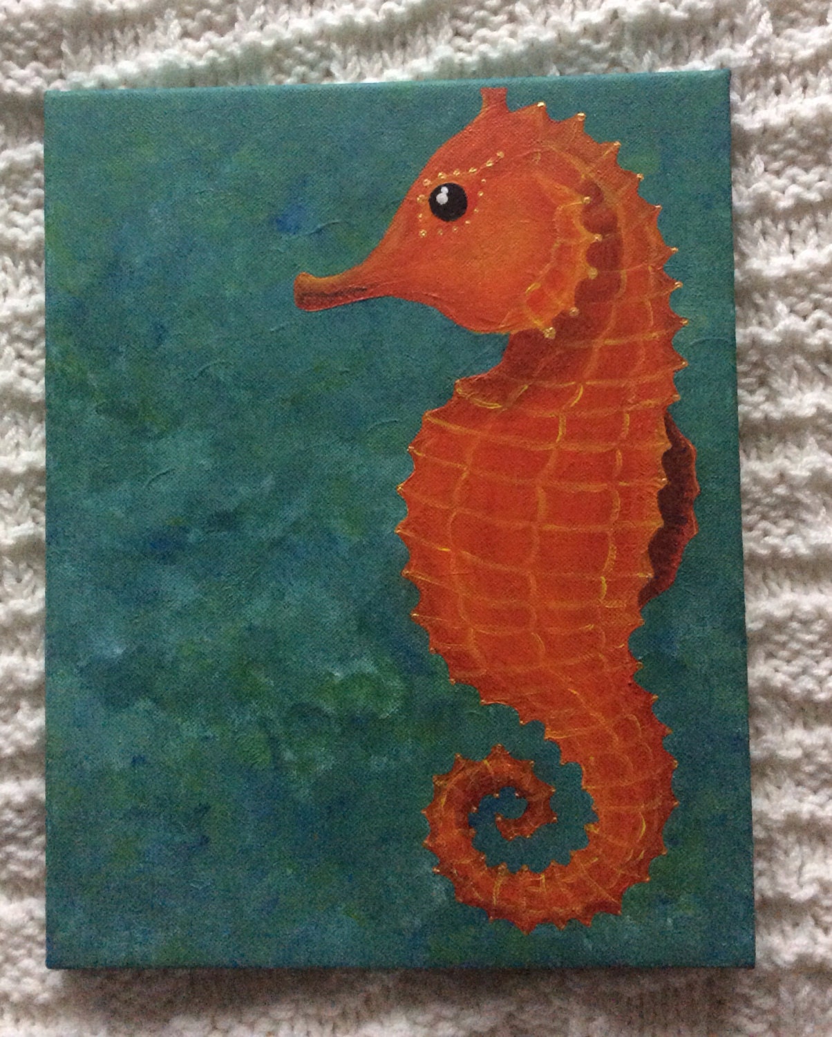 Original 11x14 acrylic seahorse painting on wrapped canvas.