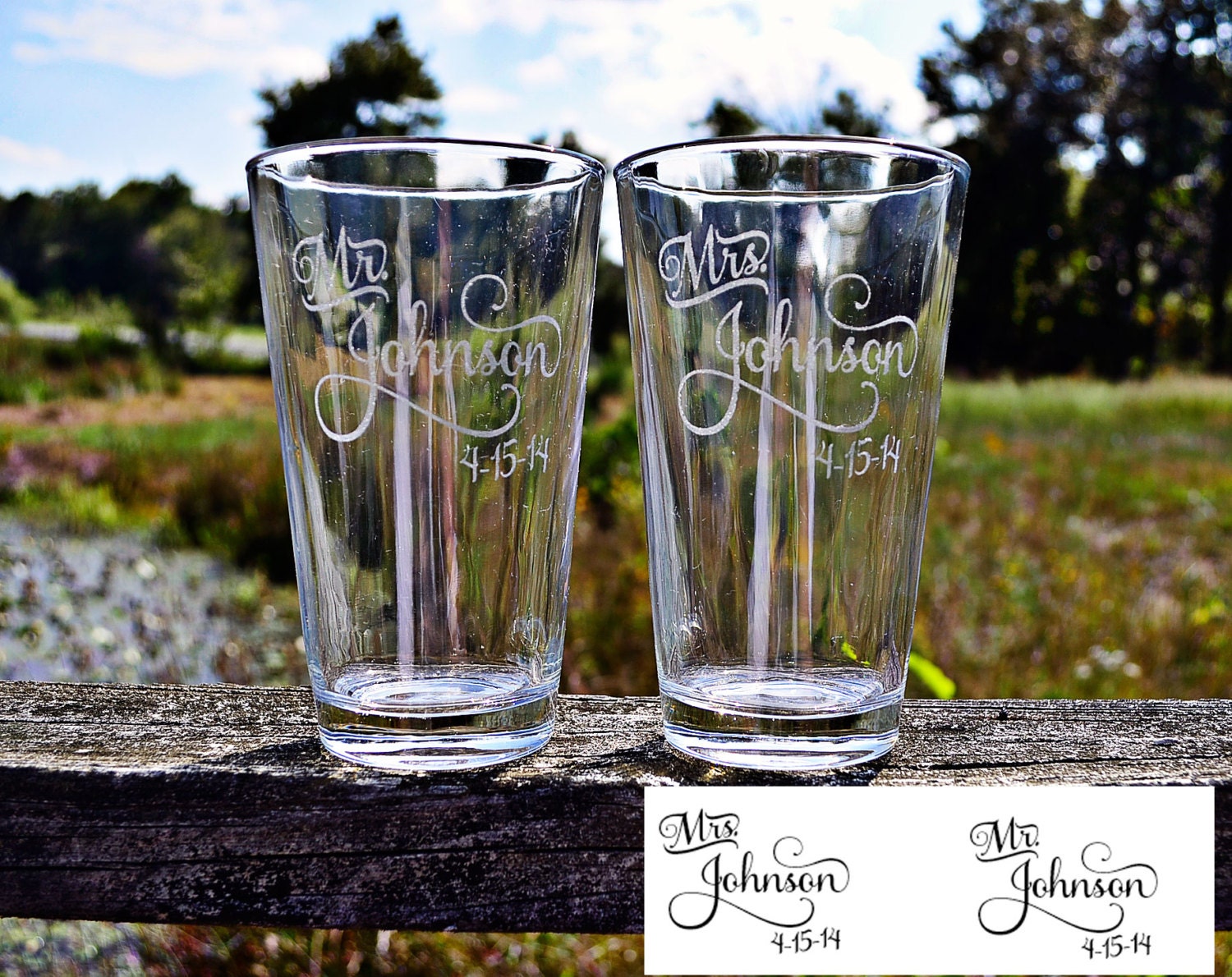 Personalized Pair of Etched Pint Glasses Mr and Mrs Last