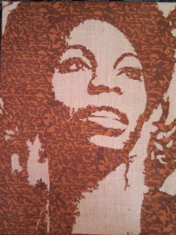 Nina Simone on a Burlap Canvas Jazz Musician Stencil Art