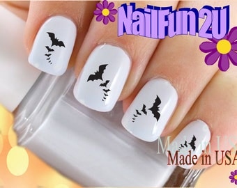 HALLOWEEN Nail Decals "Black Flying Bats Scary" Nail Art Set#733H Waterslide Nail Decals Transfers Stickers Manicure Nail Accessories Salon