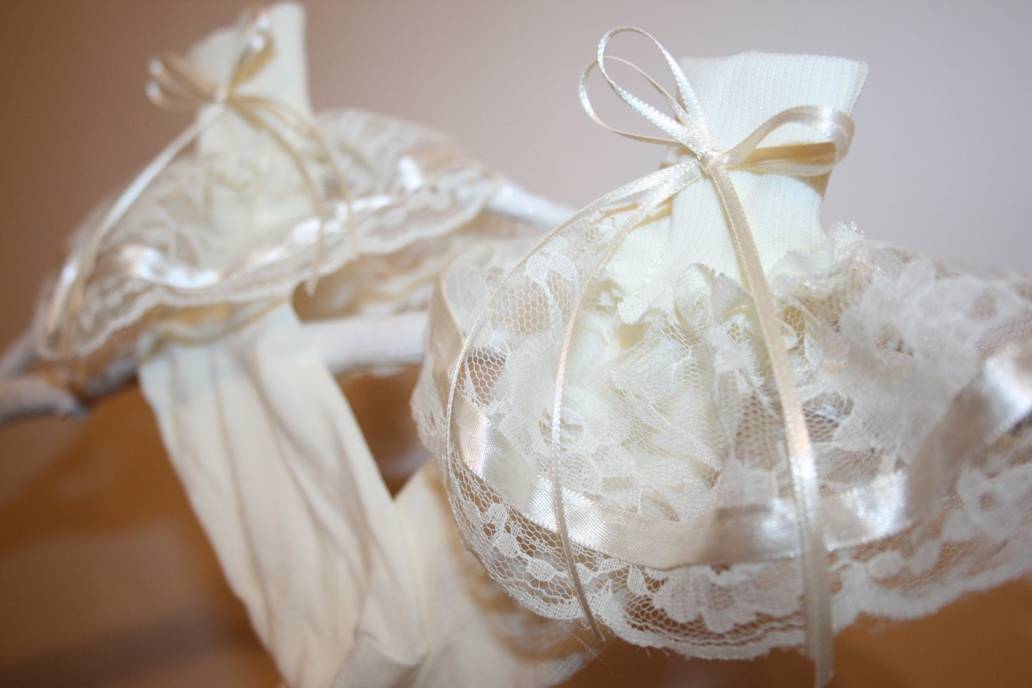 Girls Ivory Nylon & Lace Socks with Ivory Satin Ribbon Bows