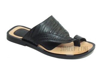Mens leather sandals handmade black slides sandals with