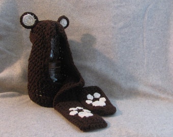 Hooded Toddler scarf  hooded pockets with Crocheted Bear  with Mitten and Pockets bear Scarf and  Ears