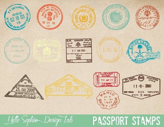 Passport Stamps Clipart | Digital Stamps | Travel, Vintage, Retro Theme | A Set of 15 Stamps + Digital Collage |