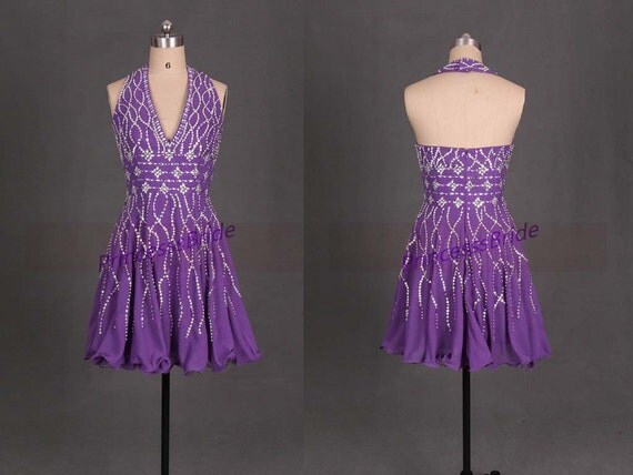 Short purple chiffon prom dresses with rhinestones,2015 sexy v neck ...
