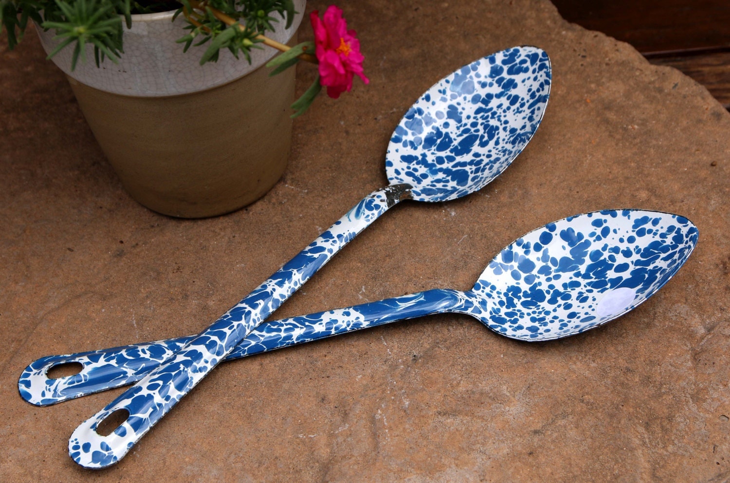 Cobalt Blue Splattered Enamelware Serving Spoon Set Haute Juice