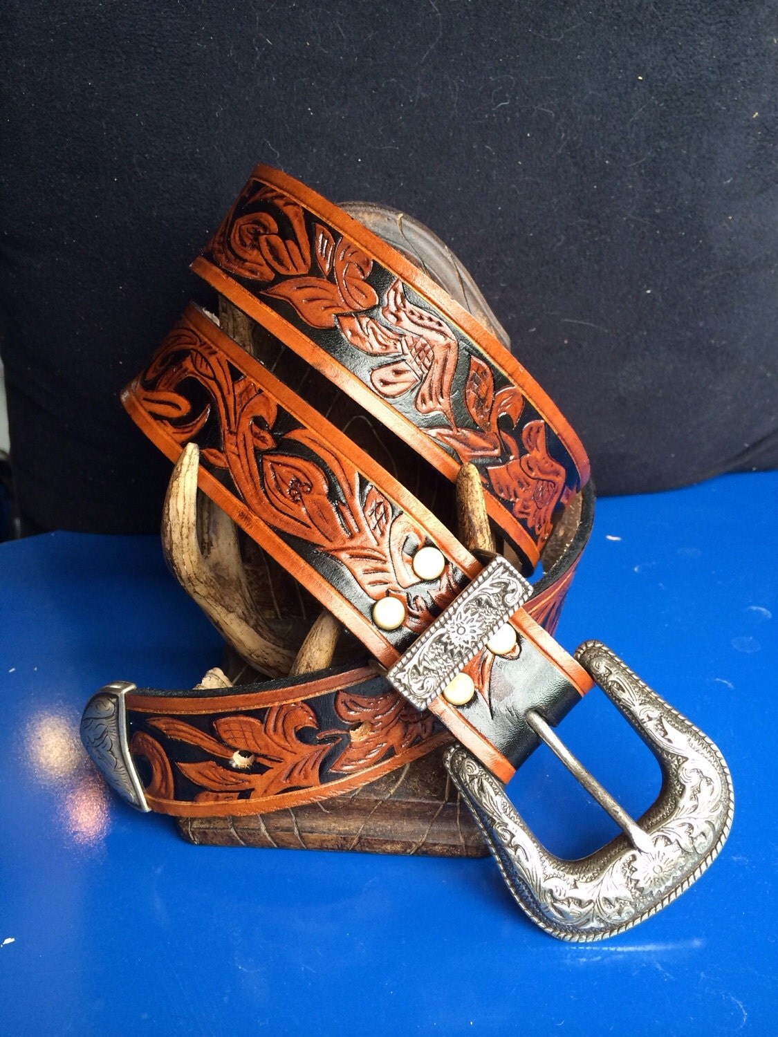 Western tooled leather belt with western by AppaloosaLeather