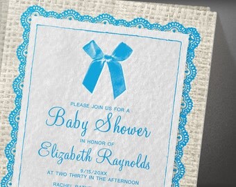 blue country burlap baby shower invites