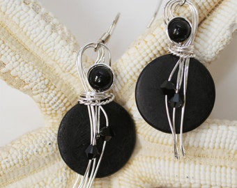Classic Black Earrings, Boho Chic Jewelry, Wirework Earrings, Onyx Earrings, Casual Earrings, Wire Jewelry, Unique Earrings