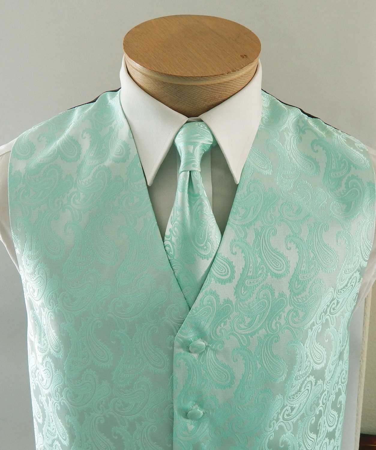 Mens Vest Pastel Mint Tone On Tone Satin Paisley Vest Tie And