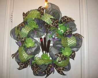 24" Spring or Summer Deco Mesh Wreath- Frog Wreath-Spring Decor-Summer Decor