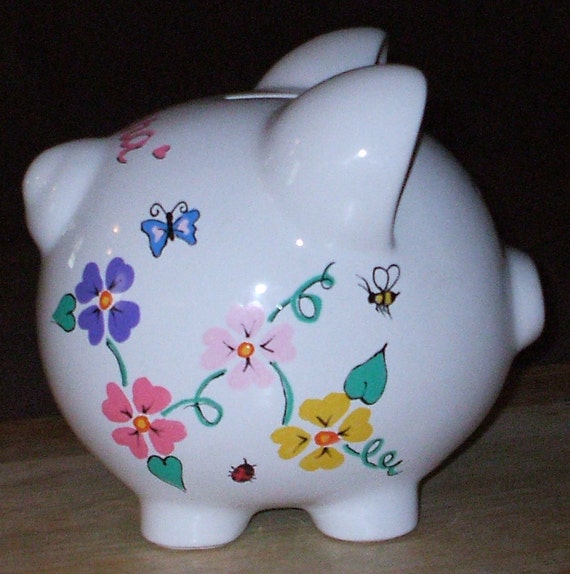 piggy bank with hand painted flower scene personalized in choice of color