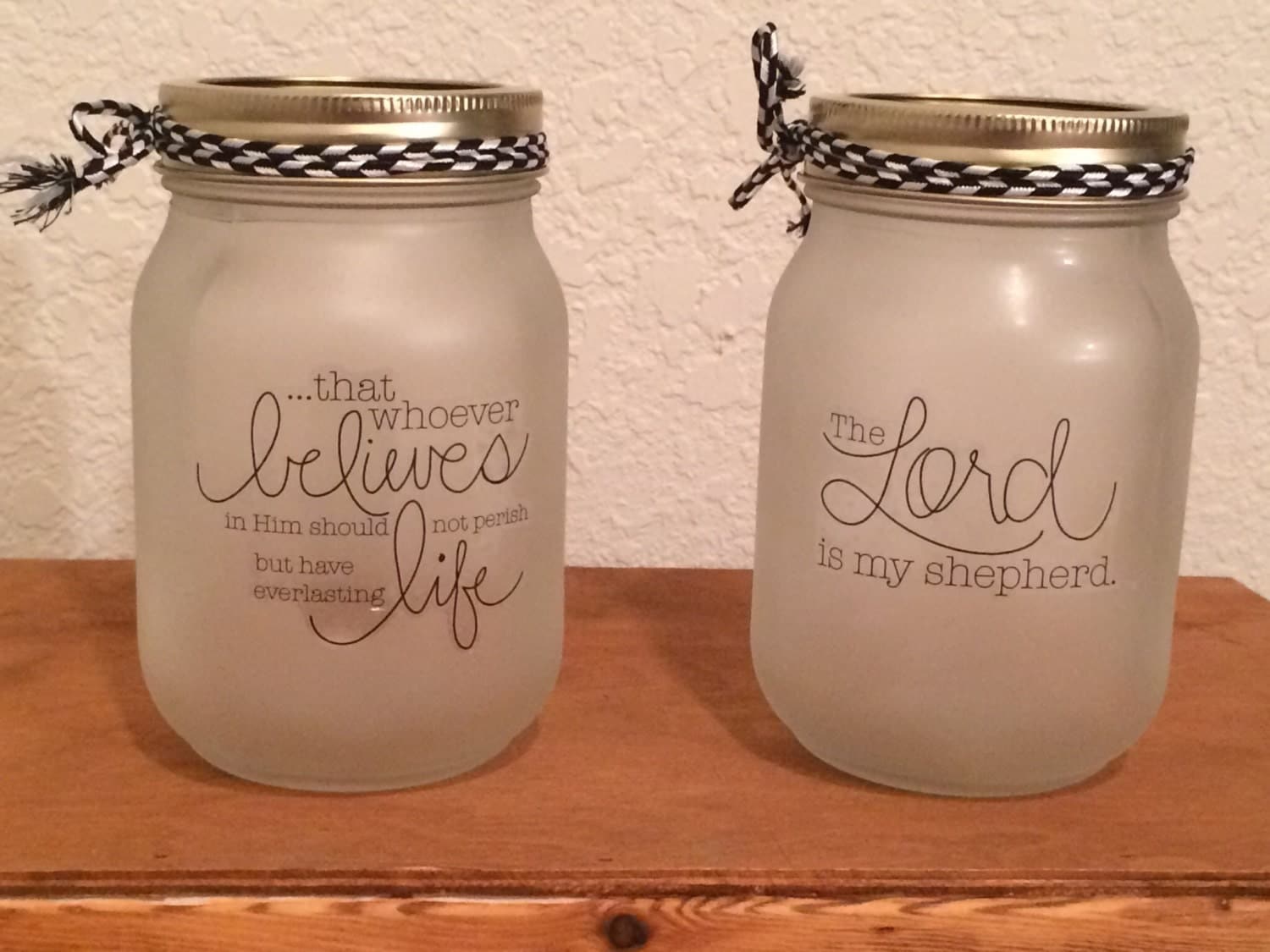 Frosted mason jars with spiritual sayings