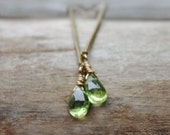 Peridot earrings, green stone earrings, brass gold earrings, skinny gold earrings, column earrings, minimalist jewelry