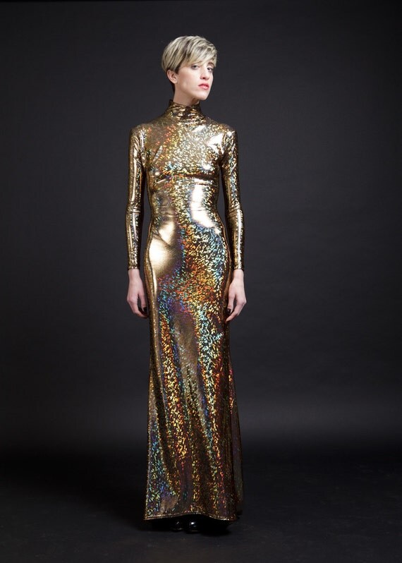 Gold Holographic Long Sleeved Swan Necked Maxi Gown with Train, available in gold or any color of your choice