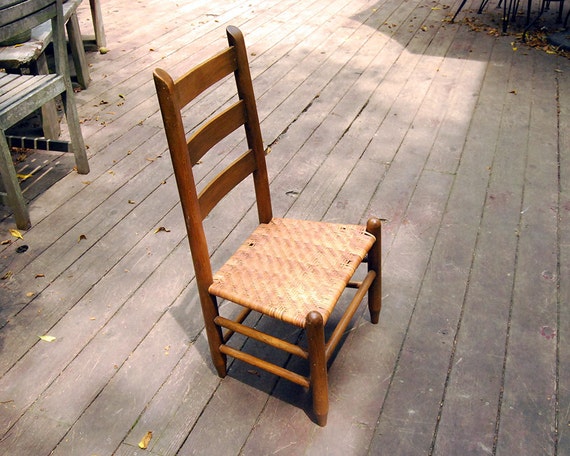 Vintage Child's Ladderback Chair Wood Brown Woven Cane