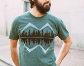 Crater Lake - tshirt men, mens graphic tee, mountain print on forest green, camping shirt for him, Fathers Day gift
