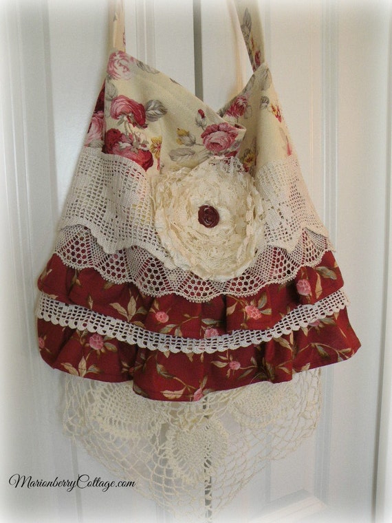 Vintage crochet Gypsy Boho handbag with claret floral ruffles slouchy purse tote rdtt svfteam