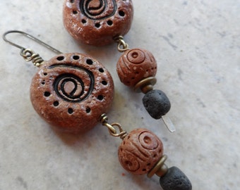 Totems ... Polymer Clay, Lava and Brass Polynesian Tribal Rapa Nui Moai-Inspired Tiki, Boho, Earthy Earrings